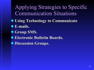Applying Strategies to Specific Communication Situations Using Technology to Communicate E-mails. Group SMS. Electronic Bulletin Boards. Discussion Groups. 