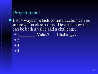 Project Item 1 List 4 ways in which communication can be improved in classrooms.  Describe how this can be both a value and a challenge. 1_______  Value?  Challenge? 2 3 4 