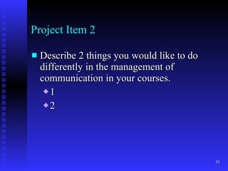 Project Item 2 Describe 2 things you would like to do differently in the management of communication in your courses. 1 2 