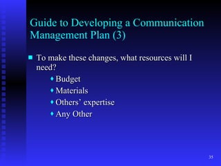 Guide to Developing a Communication Management Plan (3) To make these changes, what resources will I need? Budget Materials Others’ expertise Any Other 
