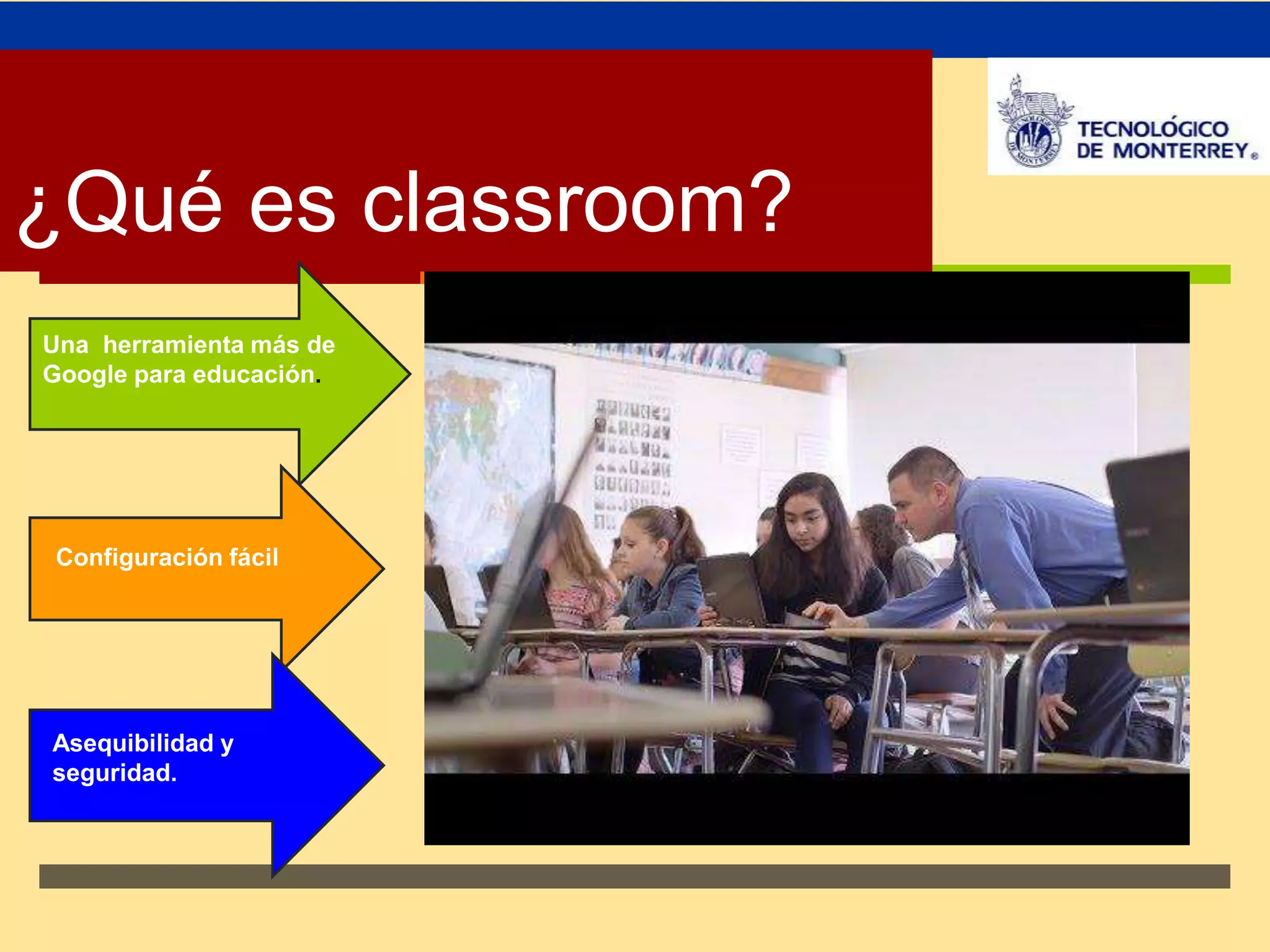 ↗ 
¿Qué es classroom? 
Una herramienta más de 
Google para educación. 
Configuración fácil 
Asequibilidad y 
seguridad. 
 