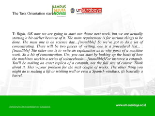 The Task Orientation starts
T: Right, OK now we are going to start our theme next week, but we are actually
starting a bit earlier because of it. The mam requirement is for various things to be
done. The mam one is on science day....[inaudible] So we’ve got to do a lot of
concentrating. There will be two pieces of writing, one is a procedural text... .
[inaudible] The other one is to write an explanation as to why parts of a machine
work. So a bit of concentration. Um, you can start by looking up the basis of how
the machines workin a series of sciencebooks....[inaudible]For instance a catapult.
You'll be making an exact replica of a catapult, not the full size of course. Think
about it. This v-,your problem for the next couple of weeks. The other thing you
might do is making a lift or wishing well or even a Spanish windlass, ifs basically a
barrel.
 