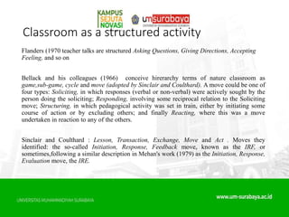 Classroom as a structured activity
Flanders (1970 teacher talks are structured Asking Questions, Giving Directions, Accepting
Feeling, and so on
Bellack and his colleagues (1966) conceive hirerarchy terms of nature classroom as
game,sub-game, cycle and move (adopted by Sinclair and Coulthard). A move could be one of
four types: Soliciting, in which responses (verbal or non-verbal) were actively sought by the
person doing the soliciting; Responding, involving some reciprocal relation to the Soliciting
move; Structuring, in which pedagogical activity was set in train, either by initiating some
course of action or by excluding others; and finally Reacting, where this was a move
undertaken in reaction to any of the others.
Sinclair and Coulthard : Lesson, Transaction, Exchange, Move and Act . Moves they
identified: the so-called Initiation, Response, Feedback move, known as the IRF, or
sometimes,following a similar description in Mehan's work (1979) as the Initiation, Response,
Evaluation move, the IRE.
 