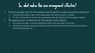 So, what makes this new arrangement effective?
1. There is enough room for the teacher and students to walk around the classroom.
a. Scholars will be able to get to their desks easily and switch groups, if needed.
b. Mr. Dunn will be able to monitor the class and provide all scholars with the support needed.
2. The seating chart is effective for the teacher and students.
a. All scholars are able to see the whiteboard clearly from any angle of the room.
b. Scholars are placed in groups according to their achievement-levels which means groups are
intentionally thought out.
 