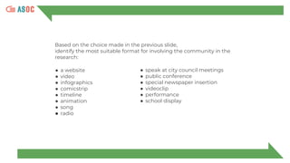 Based on the choice made in the previous slide,
identify the most suitable format for involving the community in the
research:
● a website
● video
● infographics
● comicstrip
● timeline
● animation
● song
● radio
● speak at city council meetings
● public conference
● special newspaper insertion
● videoclip
● performance
● school display
 