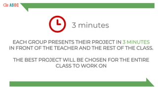 3 minutes
EACH GROUP PRESENTS THEIR PROJECT IN 3 MINUTES
IN FRONT OF THE TEACHER AND THE REST OF THE CLASS.
THE BEST PROJECT WILL BE CHOSEN FOR THE ENTIRE
CLASS TO WORK ON
 