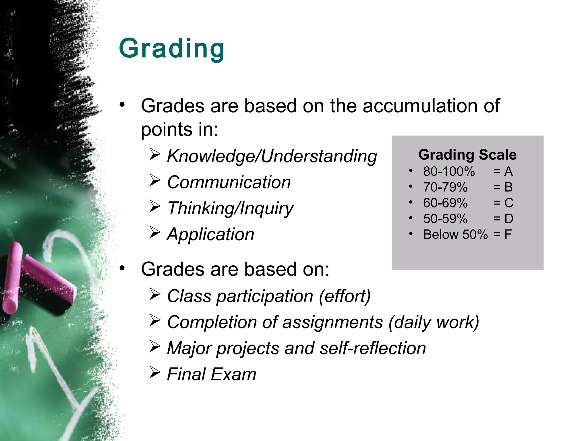 Grading
• Grades are based on the accumulation of
points in:
 Knowledge/Understanding
 Communication
 Thinking/Inquiry
 Application
• Grades are based on:
 Class participation (effort)
 Completion of assignments (daily work)
 Major projects and self-reflection
 Final Exam
Grading Scale
• 80-100% = A
• 70-79% = B
• 60-69% = C
• 50-59% = D
• Below 50% = F
 