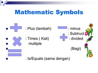 Mathematic Symbols
 : Plus (tambah) : minus
: Subtruct
 : Times ( Kali) : divided
 multiple
 (Bagi)
 : Is/Equals (sama dengan)
 