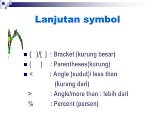 Lanjutan symbol
 { }/[ ] : Bracket (kurung besar)
 ( ) : Parentheses(kurung)
 < : Angle (sudut)/ less than
(kurang dari)
> : Angle/more than : lebih dari
% : Percent (persen)
 