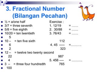 3. Fractional Number
(Bilangan Pecahan)
 ½ = a/one half Exercise :
 3/7 = three seventh 1. 12/19 = ……
 5/8 = five eighth 2. 30/88 = ……
 10/20 = ten twentieth 3. 76/43 = ……
 5
 10 – = ten five sixth 112
 6 4. 45 ----- =……….
 2 323
 12 – = twelve two twenty second
 22 987
 4 5. 456 ---- = ……….
 3 – = three four hundredth 765
 100
 