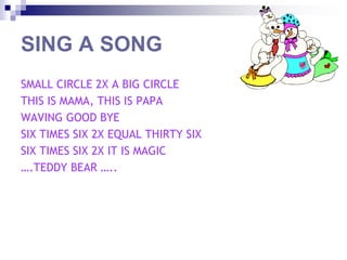 SING A SONG
SMALL CIRCLE 2X A BIG CIRCLE
THIS IS MAMA, THIS IS PAPA
WAVING GOOD BYE
SIX TIMES SIX 2X EQUAL THIRTY SIX
SIX TIMES SIX 2X IT IS MAGIC
….TEDDY BEAR …..
 