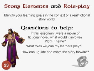 Story Elements and Role-play
Identify your learning goals in the context of a real/ﬁctional
story world.
If this lesson/unit were a movie or
ﬁctional novel, what would it involve?
Plot? Theme?
What roles will/can my learners play?
How can I guide and move the story forward?
Questions to help:
23
 