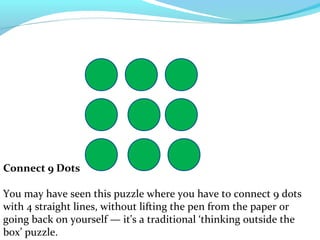 Connect 9 Dots

You may have seen this puzzle where you have to connect 9 dots
with 4 straight lines, without lifting the pen from the paper or
going back on yourself — it's a traditional ‘thinking outside the
box’ puzzle.
 