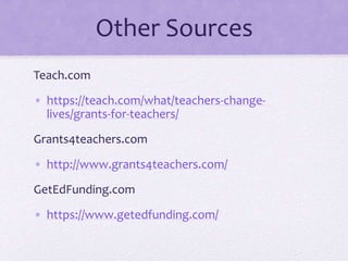 Other Sources
Teach.com
• https://teach.com/what/teachers-change-
lives/grants-for-teachers/
Grants4teachers.com
• http://www.grants4teachers.com/
GetEdFunding.com
• https://www.getedfunding.com/
 