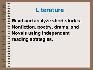 Literature
Read and analyze short stories,
Nonfiction, poetry, drama, and
Novels using independent
reading strategies.
 