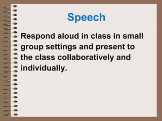 Speech
Respond aloud in class in small
group settings and present to
the class collaboratively and
individually.
 