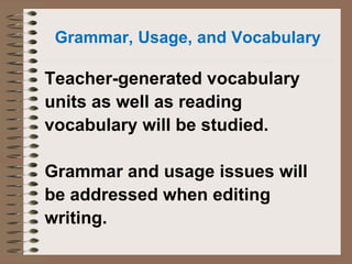 Grammar, Usage, and Vocabulary
Teacher-generated vocabulary
units as well as reading
vocabulary will be studied.
Grammar and usage issues will
be addressed when editing
writing.
 