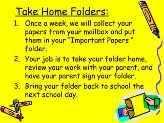 Take Home Folders: Once a week, we will collect your papers from your mailbox and put them in your “Important Papers “ folder. Your job is to take your folder home, review your work with your parent, and have your parent sign your folder. Bring your folder back to school the next school day. 