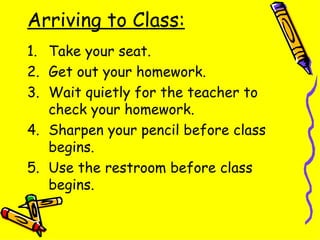 Arriving to Class: Take your seat. Get out your homework. Wait quietly for the teacher to check your homework. Sharpen your pencil before class begins. Use the restroom before class begins. 