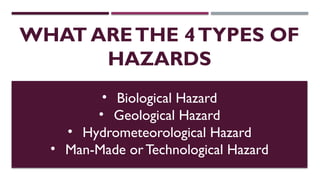 WHAT ARETHE 4TYPES OF
HAZARDS
• Biological Hazard
• Geological Hazard
• Hydrometeorological Hazard
• Man-Made or Technological Hazard
 