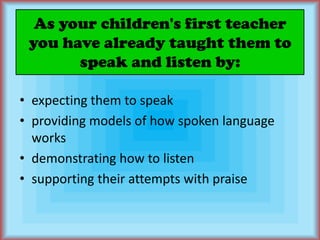 As your children's first teacher you have already taught them to speak and listen by:expecting them to speak providing models of how spoken language works	demonstrating how to listensupporting their attempts with praise