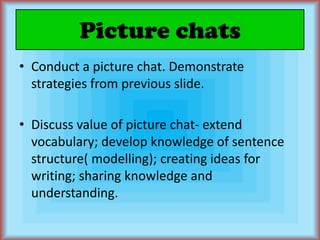 Picture chatsConduct a picture chat. Demonstrate strategies from previous slide.Discuss value of picture chat- extend vocabulary; develop knowledge of sentence structure( modelling); creating ideas for writing; sharing knowledge and understanding.