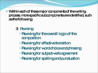 Within each of these major components of the writing process, more specific subcomponents are identified, such as the following: 3 .  Revising: Revising for the overall logic of the composition Revising for effective transition Revising for word choice and phrasing Revising for subject-verb agreement Revising for spelling and punctuation 