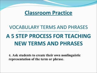 Classroom Practice VOCABULARY TERMS AND PHRASES >>>>>>>>>>>>>>>>>>>>>>>>>>>>>>>>>>>>>>><<<<<<<<<<<<<<<<<<<<<<<<<<<<<<<<<<<<<<<<<<< A 5 STEP PROCESS FOR TEACHING NEW TERMS AND PHRASES 4. Ask students to create their own nonlinguistic representation of the term or phrase. 