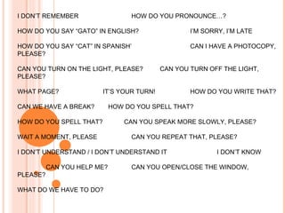I DON’T REMEMBER HOW DO YOU PRONOUNCE…? HOW DO YOU SAY “GATO” IN ENGLISH?  I’M SORRY, I’M LATE HOW DO YOU SAY “CAT” IN SPANISH’  CAN I HAVE A PHOTOCOPY, PLEASE?  CAN YOU TURN ON THE LIGHT, PLEASE? CAN YOU TURN OFF THE LIGHT, PLEASE? WHAT PAGE? IT’S YOUR TURN!  HOW DO YOU WRITE THAT? CAN WE HAVE A BREAK?   HOW DO YOU SPELL THAT?  HOW DO YOU SPELL THAT?   CAN YOU SPEAK MORE SLOWLY, PLEASE? WAIT A MOMENT, PLEASE CAN YOU REPEAT THAT, PLEASE? I DON’T UNDERSTAND / I DON’T UNDERSTAND IT I DON’T KNOW CAN YOU HELP ME? CAN YOU OPEN/CLOSE THE WINDOW, PLEASE? WHAT DO WE HAVE TO DO? 