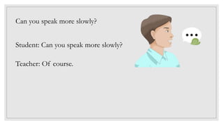 Can you speak more slowly?
Student: Can you speak more slowly?
Teacher: Of course.