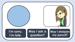 I’m sorry,
I’m late.
May I sharpen
my pencil?
May I ask a
question?
 