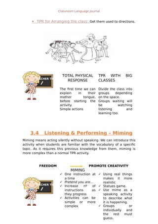 TEACHER TIPS
TEACHER TIPS
Classroom Language Journal
TPR for Arranging the class: Get them used to directions.
3.4 Listening & Performing – Miming
Miming means acting silently without speaking. We can introduce this
activity when students are familiar with the vocabulary of a specific
topic. As it requires this previous knowledge from them, miming is
more complex than a normal TPR activity.
FREEDOM PROMOTE CREATIVITY
19
TOTAL PHYSICAL
RESPONSE
TPR WITH BIG
CLASSES
The first time we can
explain in their
mother tongue,
before starting the
activity.
Simple actions
Divide the class into
groups depending
on the space.
Groups waiting will
be watching
listening and
learning too.
MIMING
 One instruction at
a time
 Pretend you are…
 Increase nº of
instructions as
they progress
 Activities can be
simple or more
complex
 Using real things
makes it more
realistic
 Statues game.
 Use mime as a
speaking activity
to describe what
it is happening.
 Groups or
individually and
the rest must
guess.
 