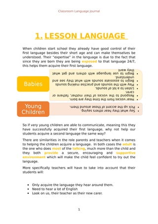 •Hearvoicesfromthetimetheyareborn.
•Respondtothevoicesoftheirmother,fathereor
carer.
•Listentoalotofsounds.
•Playwiththesoundsandpractisemakingsounds
•Begintoassosiatesoundswithwhattheyseeand
understand.
•Begintouselanguagewithothersandgetwhat
theywant
Babies
•Saywhattheyhearotherssaying.
•Pickuptheaccentofthosearoundthem.
Young
Children
Classroom Language Journal
1. LESSON LANGUAGE
When children start school they already have good control of their
first language besides their short age and can make themselves be
understood. Their “expertise” in the language is due to the fact that
since they are born they are being exposed to that language 24/7,
this helps them acquire their first language.
So if very young children are able to communicate, meaning this they
have successfully acquired their first language, why not help our
students acquire a second language the same way?
There are similarities in the role parents and teachers when it comes
to helping the children acquire a language. In both cases the adult is
the one who does most of the talking, much more than the child and
they both provide a secure, encouraging and supportive
environment which will make the child feel confident to try out the
language.
More specifically teachers will have to take into account that their
students will:
 Only acquire the language they hear around them.
 Need to hear a lot of English
 Look on us, their teacher as their new carer.
1
 