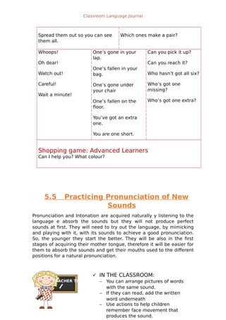 TEACHER TIPS
Classroom Language Journal
Spread them out so you can see
them all.
Which ones make a pair?
Whoops!
Oh dear!
Watch out!
Careful!
Wait a minute!
One’s gone in your
lap.
One’s fallen in your
bag.
One’s gone under
your chair
One’s fallen on the
floor.
You’ve got an extra
one.
You are one short.
Can you pick it up?
Can you reach it?
Who hasn’t got all six?
Who’s got one
missing?
Who’s got one extra?
Shopping game: Advanced Learners
Can I help you? What colour?
5.5 Practicing Pronunciation of New
Sounds
Pronunciation and Intonation are acquired naturally y listening to the
language e absorb the sounds but they will not produce perfect
sounds at first. They will need to try out the language, by mimicking
and playing with it, with its sounds to achieve a good pronunciation.
So, the younger they start the better. They will be also in the first
stages of acquiring their mother tongue, therefore it will be easier for
them to absorb the sounds and get their mouths used to the different
positions for a natural pronunciation.
34
 IN THE CLASSROOM:
 You can arrange pictures of words
with the same sound.
 If they can read, add the written
word underneath
 Use actions to help children
remember face movement that
produces the sound.
 