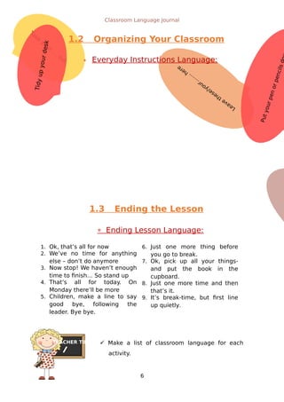 Leave
these/your…
…
.here
Putyourpenorpencilsd
Take
your…
. out.
Tidyupyourdesk
TEACHER TIPS
Classroom Language Journal
1.2 Organizing Your Classroom
 Everyday Instructions Language:
1.3 Ending the Lesson
Ending Lesson Language:
 Make a list of classroom language for each
activity.
6
1. Ok, that’s all for now
2. We’ve no time for anything
else – don’t do anymore
3. Now stop! We haven’t enough
time to finish… So stand up
4. That’s all for today. On
Monday there’ll be more
5. Children, make a line to say
good bye, following the
leader. Bye bye.
6. Just one more thing before
you go to break.
7. Ok, pick up all your things-
and put the book in the
cupboard.
8. Just one more time and then
that’s it.
9. It’s break-time, but first line
up quietly.
 