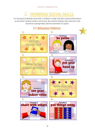 Classroom Language Journal
8
2. WORKING SOCIAL SKILLS
It’s necessary to develop social skills in children in order to build a certain profile person
as we will be trying to create a community. By using this displays with classroom rules
we will be creating habits with the remember to caption.
2.1 Behaviour Patterns
1. 2.
3. 4.
5. 6.
7. 8.
 