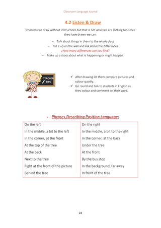 Classroom Language Journal
22
4.2 Listen & Draw
Children can draw without instructions but that is not what we are looking for. Once
they have drawn we can:
 Talk about things in them to the whole class
 Put 2 up on the wall and ask about the differences
¿How many differences can you find?
 Make up a story about what is happening or might happen.
 Phrases Describing Position Language:
On the left
In the middle, a bit to the left
In the corner, at the front
At the top of the tree
At the back
Next to the tree
Right at the front of the picture
Behind the tree
On the right
In the middle, a bit to the right
In the corner, at the back
Under the tree
At the front
By the bus stop
In the background, far away
In front of the tree
TEACHER
TIPS
 After drawing let them compare pictures and
colour quietly.
 Go round and talk to students in English as
they colour and comment on their work.
 