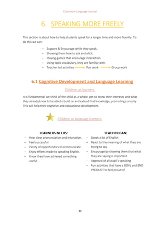 Classroom Language Journal
32
6. SPEAKING MORE FREELY
This section is about how to help students speak for a longer time and more fluently. To
do this we can:
 Support & Encourage while they speak.
 Showing them how to ask and elicit.
 Playing games that encourage interaction.
 Using topic vocabulary, they are familiar with.
 Teacher led activities Pair work Group work
6.1 Cognitive Development and Language Learning
Children as learners.
It is fundamental we think of the child as a whole, get to know their interests and what
they already know to be able to build on and extend that knowledge, promoting curiosity.
This will help their cognitive and educational development.
Children as language learners.
LEARNERS NEEDS: TEACHER CAN:
 Hear clear pronunciation and intonation.
 Feel successful.
 Plenty of opportunities to communicate.
 Enjoy efforts made to speaking English.
 Know they have achieved something
useful.
 Speak a lot of English
 React to the meaning of what they are
trying to say.
 Encourage by showing them that what
they are saying is important.
 Approval of all pupil’s speaking
 Fun activities that have a GOAL and END
PRODUCT to feel proud of
 