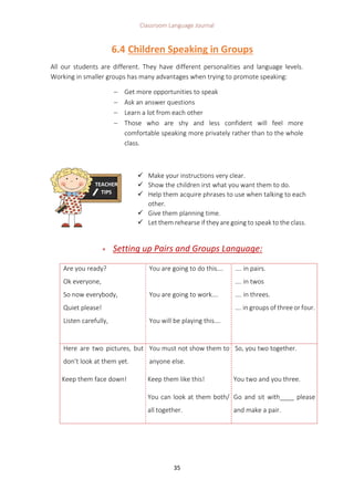 Classroom Language Journal
35
6.4 Children Speaking in Groups
All our students are different. They have different personalities and language levels.
Working in smaller groups has many advantages when trying to promote speaking:
 Get more opportunities to speak
 Ask an answer questions
 Learn a lot from each other
 Those who are shy and less confident will feel more
comfortable speaking more privately rather than to the whole
class.
 Setting up Pairs and Groups Language:
Are you ready?
Ok everyone,
So now everybody,
Quiet please!
Listen carefully,
You are going to do this….
You are going to work….
You will be playing this….
…. in pairs.
…. in twos
…. in threes.
…. in groups of three or four.
Here are two pictures, but
don’t look at them yet.
Keep them face down!
You must not show them to
anyone else.
Keep them like this!
You can look at them both/
all together.
So, you two together.
You two and you three.
Go and sit with____ please
and make a pair.
TEACHER
TIPS
 Make your instructions very clear.
 Show the children irst what you want them to do.
 Help them acquire phrases to use when talking to each
other.
 Give them planning time.
 Let them rehearse if they are going to speak to the class.
 