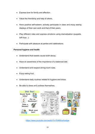 10
 Express love for family and affection.  
 Value the friendship and help of others.  
 Have positive self-esteem, actively participate in class and enjoy seeing
displays of their own work and that of their peers.  
 Play different roles and express emotions using dramatisation (puppets,
soft toys...).  
 Participate with pleasure at parties and celebrations.  
Personal hygiene and health  
 Understand that sweets cause tooth decay.  
 Have an awareness of the importance of a balanced diet.  
 Understand and respect dining-room rules.
 Enjoy eating fruit.  
 Understand daily routines related to hygiene and dress.  
 Be able to dress and undress themselves.  
https://www.youtube.com/watch?v=Pd4WnsXwdqw
 