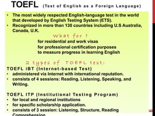 TOEFL ( Te s t o f En g l i s h a s a F o r e i g n L a n g u a g e ) 
• The most widely respected English-language test in the world 
that developed by English Testing System (ETS). 
• Recognized in more than 130 countries including U.S Australia, 
Canada, U.K. 
W h a t f o r ? 
for residential and work visas 
for professional certification purposes 
to measure progress in learning English 
2 t y p e s o f T O E F L t e s t : 
TOEFL iBT ( Int e rne t -ba s ed Te s t ) 
• administered via Internet with international reputation. 
• consists of 4 sessions: Reading, Listening, Speaking, and 
Writing. 
TOEFL ITP ( Ins t i tut iona l Te s t ing Progr am) 
• for local and regional institutions 
• for specific scholarship application. 
• consists of 3 session: Listening, Structure, Reading 
Comprehension. 
6 
 