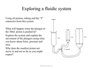 Exploring a fluidic system
Using all pistons, tubing and the “T”
connector form this system
What will happen when the plunger of
the 30ml. piston is pushed in?
Explore the system and explain the
movement of the plungers using what
you know about force, pressure and
area.
Why does the smallest piston not
move in and out as far as you might
expect?

Mechanical Kits Ltd.

 