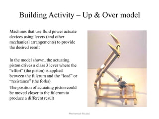 Building Activity – Up & Over model
Machines that use fluid power actuate
devices using levers (and other
mechanical arrangements) to provide
the desired result
In the model shown, the actuating
piston drives a class 3 lever where the
“effort” (the piston) is applied
between the fulcrum and the “load” or
“resistance” (the forks)
The position of actuating piston could
be moved closer to the fulcrum to
produce a different result

Mechanical Kits Ltd.

 