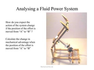 Analysing a Fluid Power System
How do you expect the
action of the system change
if the position of the effort is
moved from “A” to “B” ?
Calculate the change in
mechanical advantage when
the position of the effort is
moved from “A” to “B”

B

Mechanical Kits Ltd.

A

 