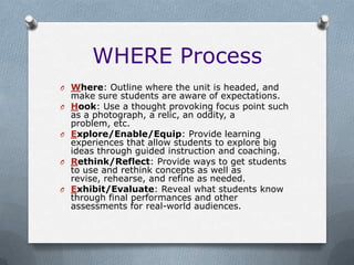 WHERE Process
O Where: Outline where the unit is headed, and
    make sure students are aware of expectations.
O   Hook: Use a thought provoking focus point such
    as a photograph, a relic, an oddity, a
    problem, etc.
O   Explore/Enable/Equip: Provide learning
    experiences that allow students to explore big
    ideas through guided instruction and coaching.
O   Rethink/Reflect: Provide ways to get students
    to use and rethink concepts as well as
    revise, rehearse, and refine as needed.
O   Exhibit/Evaluate: Reveal what students know
    through final performances and other
    assessments for real-world audiences.
 