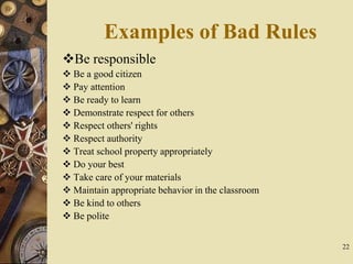 22
Examples of Bad Rules
Be responsible
 Be a good citizen
 Pay attention
 Be ready to learn
 Demonstrate respect for others
 Respect others' rights
 Respect authority
 Treat school property appropriately
 Do your best
 Take care of your materials
 Maintain appropriate behavior in the classroom
 Be kind to others
 Be polite
 