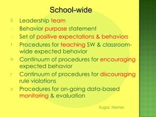 Leadership  team Behavior  purpose  statement Set of  positive expectations & behaviors Procedures for  teaching  SW & classroom-wide expected behavior Continuum of procedures for  encouraging  expected behavior Continuum of procedures for  discouraging  rule violations Procedures for on-going data-based  monitoring  & evaluation School-wide Sugai, Horner 