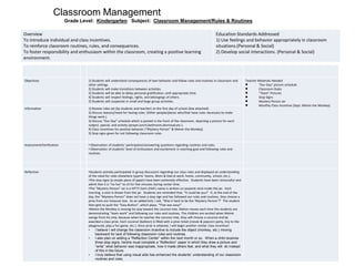 Classroom Management          Grade Level:  Kindergarten   Subject:  Classroom Management/Rules & Routines 
