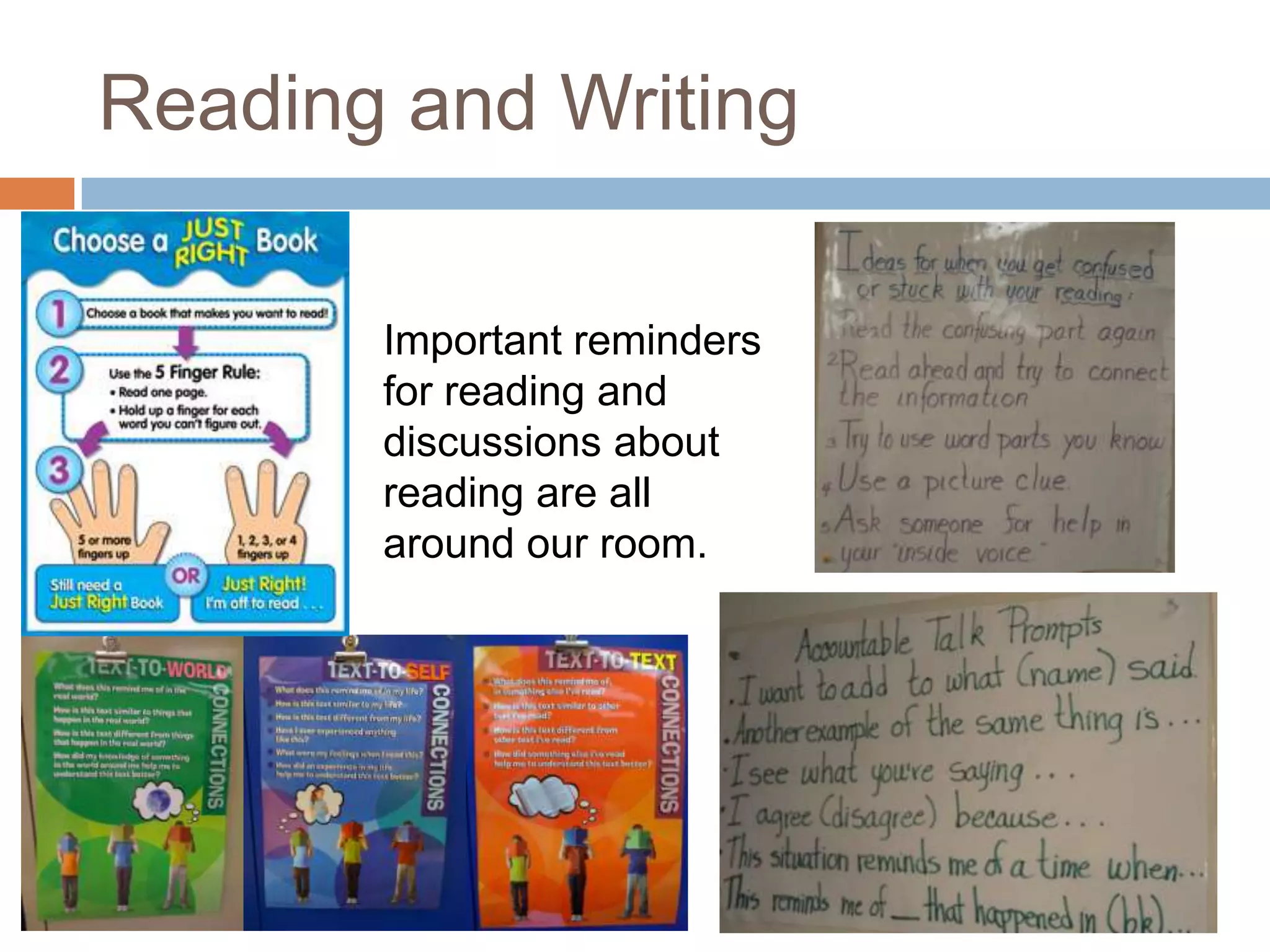 Reading and Writing

       Important reminders
       for reading and
       discussions about
       reading are all
       around our room.
 