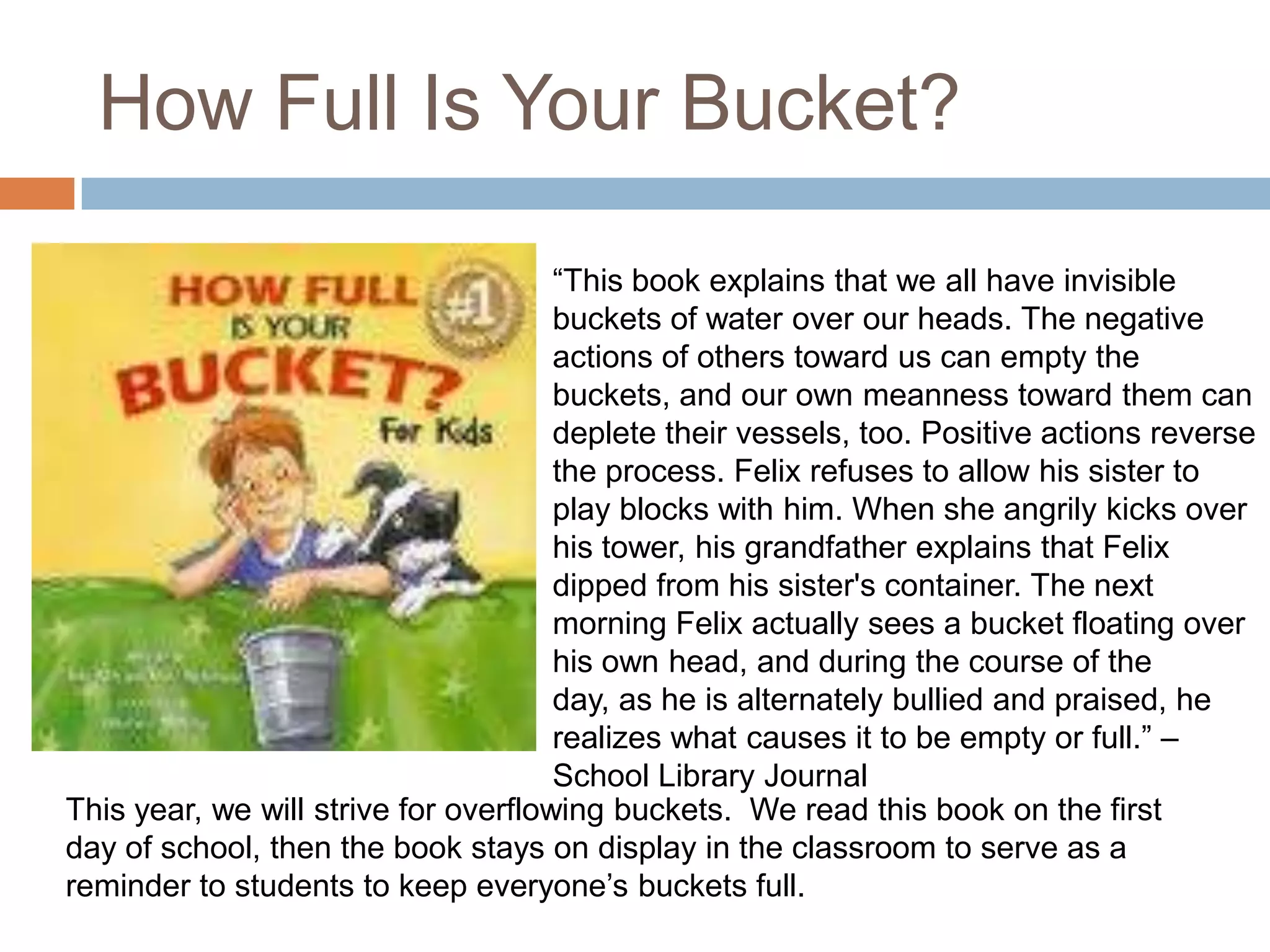 How Full Is Your Bucket?

                                      “This book explains that we all have invisible
                                      buckets of water over our heads. The negative
                                      actions of others toward us can empty the
                                      buckets, and our own meanness toward them can
                                      deplete their vessels, too. Positive actions reverse
                                      the process. Felix refuses to allow his sister to
                                      play blocks with him. When she angrily kicks over
                                      his tower, his grandfather explains that Felix
                                      dipped from his sister's container. The next
                                      morning Felix actually sees a bucket floating over
                                      his own head, and during the course of the
                                      day, as he is alternately bullied and praised, he
                                      realizes what causes it to be empty or full.” –
                                      School Library Journal
This year, we will strive for overflowing buckets. We read this book on the first
day of school, then the book stays on display in the classroom to serve as a
reminder to students to keep everyone’s buckets full.
 